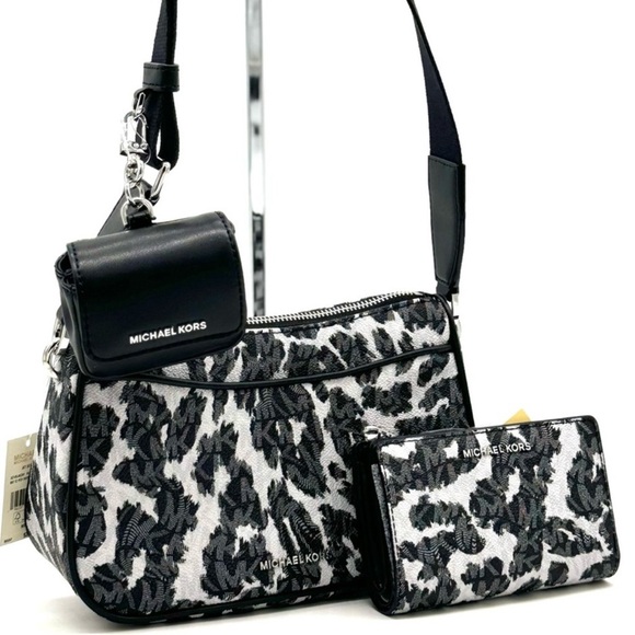 Michael Kors Jet Set Medium Leopard Logo Crossbody Bag w AirPods Case and Wallet - Picture 2 of 15
